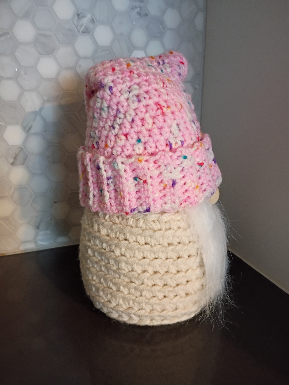 Pink Speckled Crochet Gnome - Picture 3 of 4